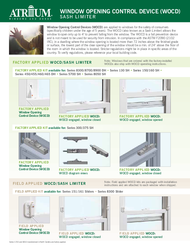 Atrium Window Opening Control Device (WOCD) Sash Limiter Feature Sheet