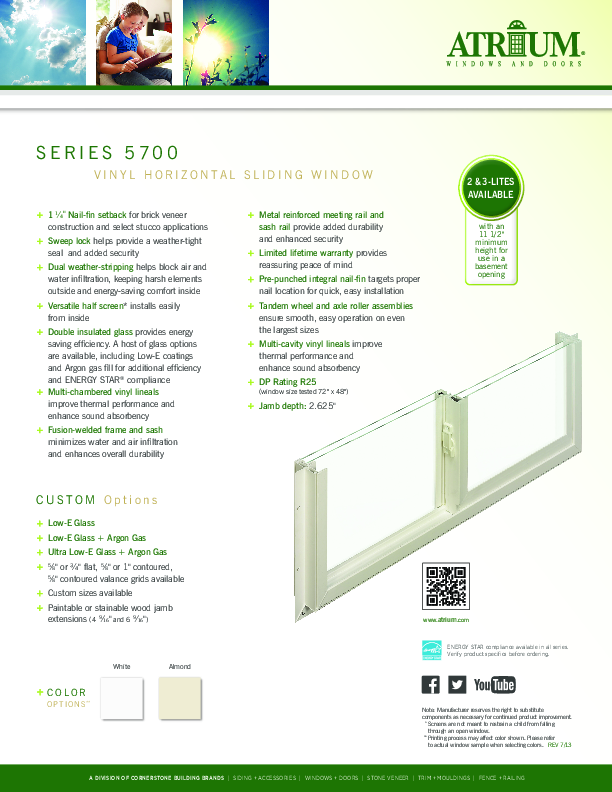 Atrium Series 5700 Slider Feature Sheet