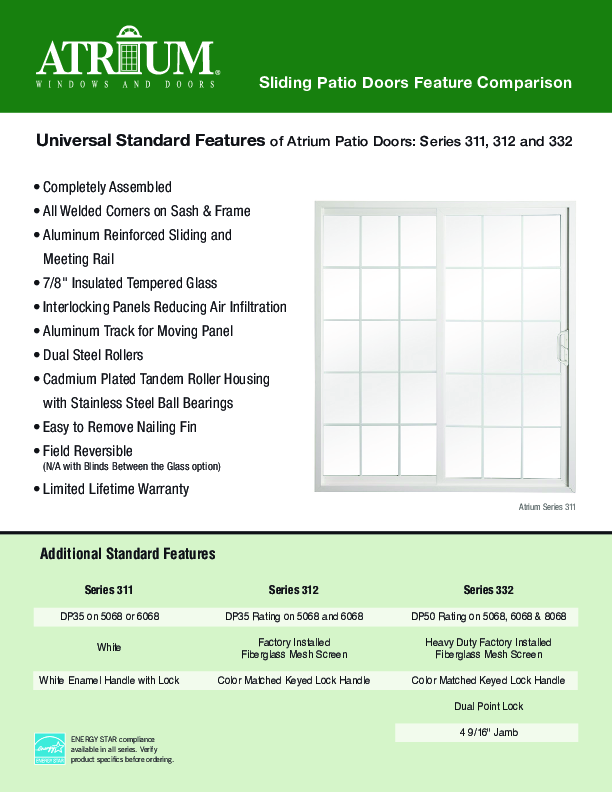 Atrium Patio Door Comparison Feature Sheet