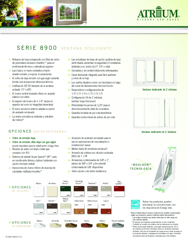 Atrium Series 8900 Slider Feature Sheet Spanish