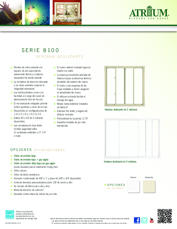 Atrium Series 8100 Slider Feature Sheet Spanish