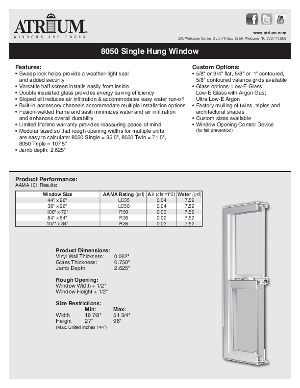 Series 8050 Single Hung Technical Data Sheet