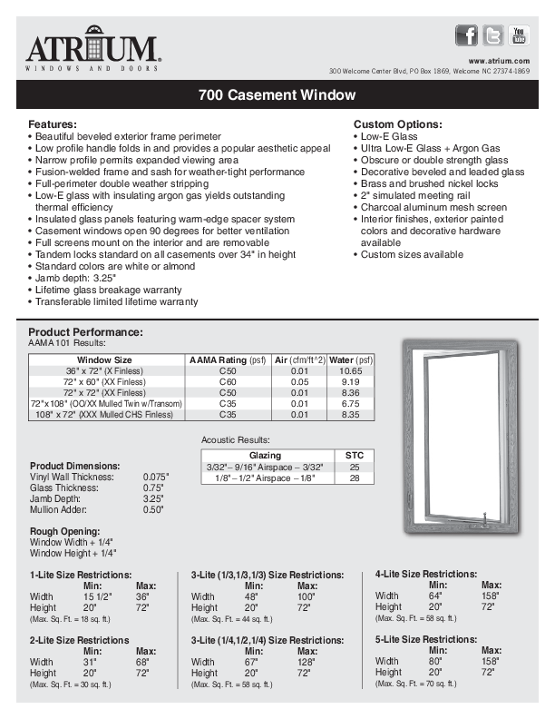 Series 700 Casement Technical Data Sheet