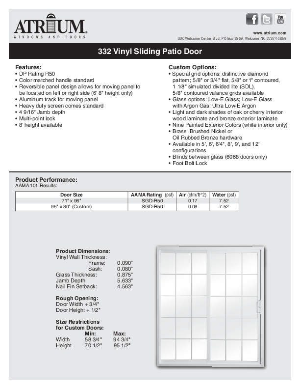 Series 332 Sliding Patio- Door Technical Data Sheet