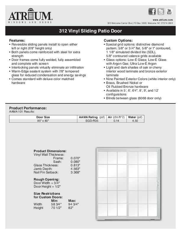 Series 312 Sliding Patio Door  Technical Data Sheet