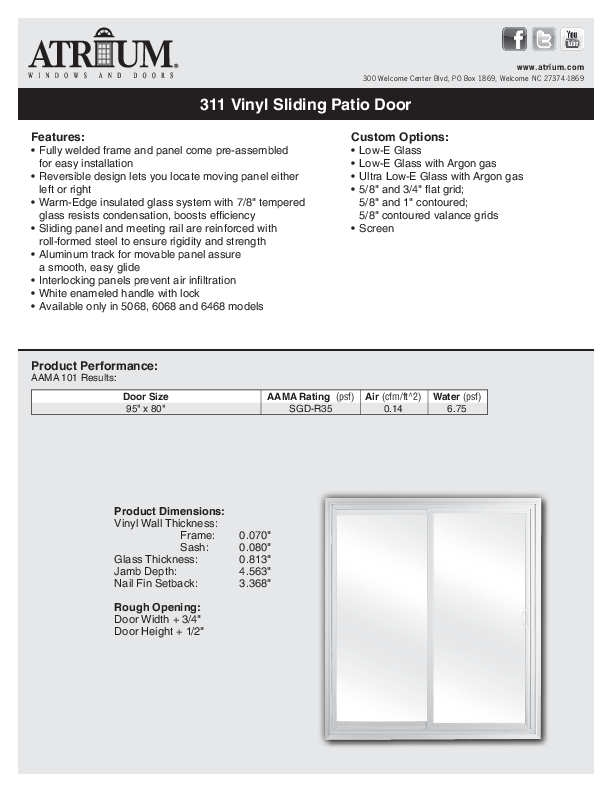 Series 311 Sliding Patio Door Technical Data Sheet