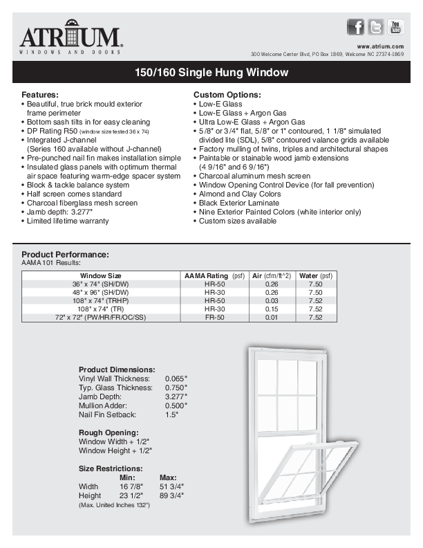 Series 150 Single Hung Technical Data Sheet