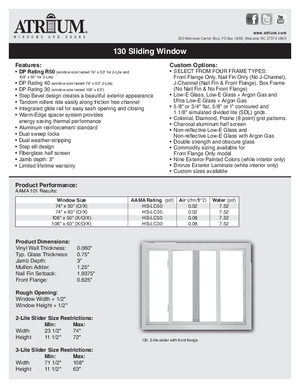 Atrium Series 130 Slider Technical Data Sheet