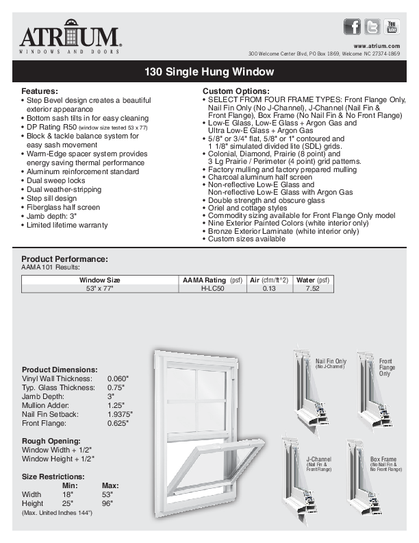 Atrium Series 130 Single Hung Technical Data Sheet
