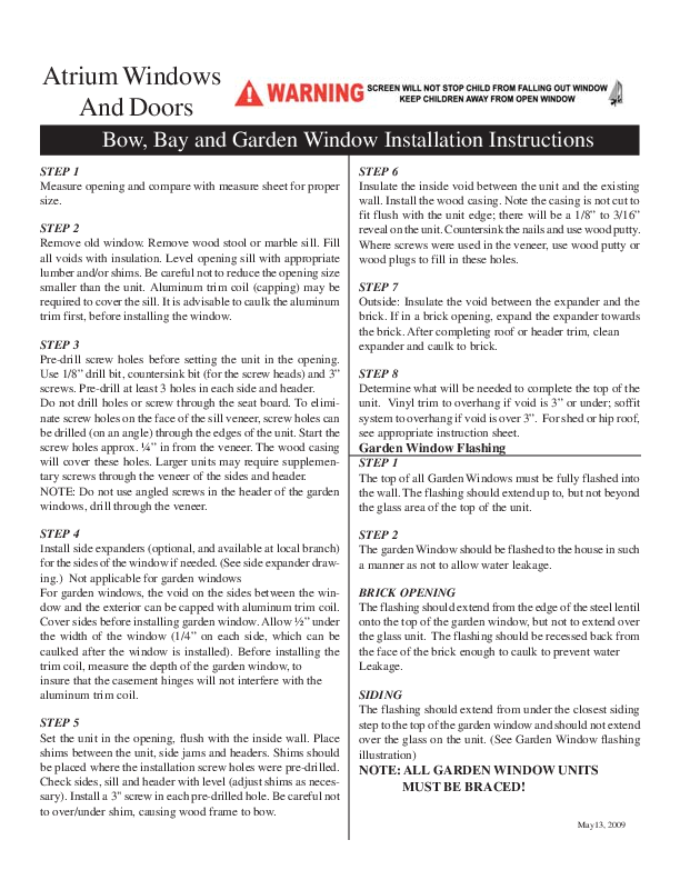 Garden Window Installation Instructions